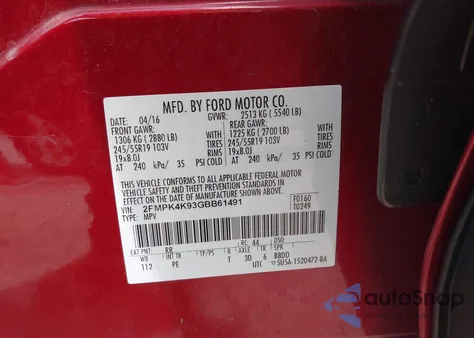 2016 Ford Edge Titanium z USA, uszkodzony, nr VIN 2FMPK4K93GBB61491